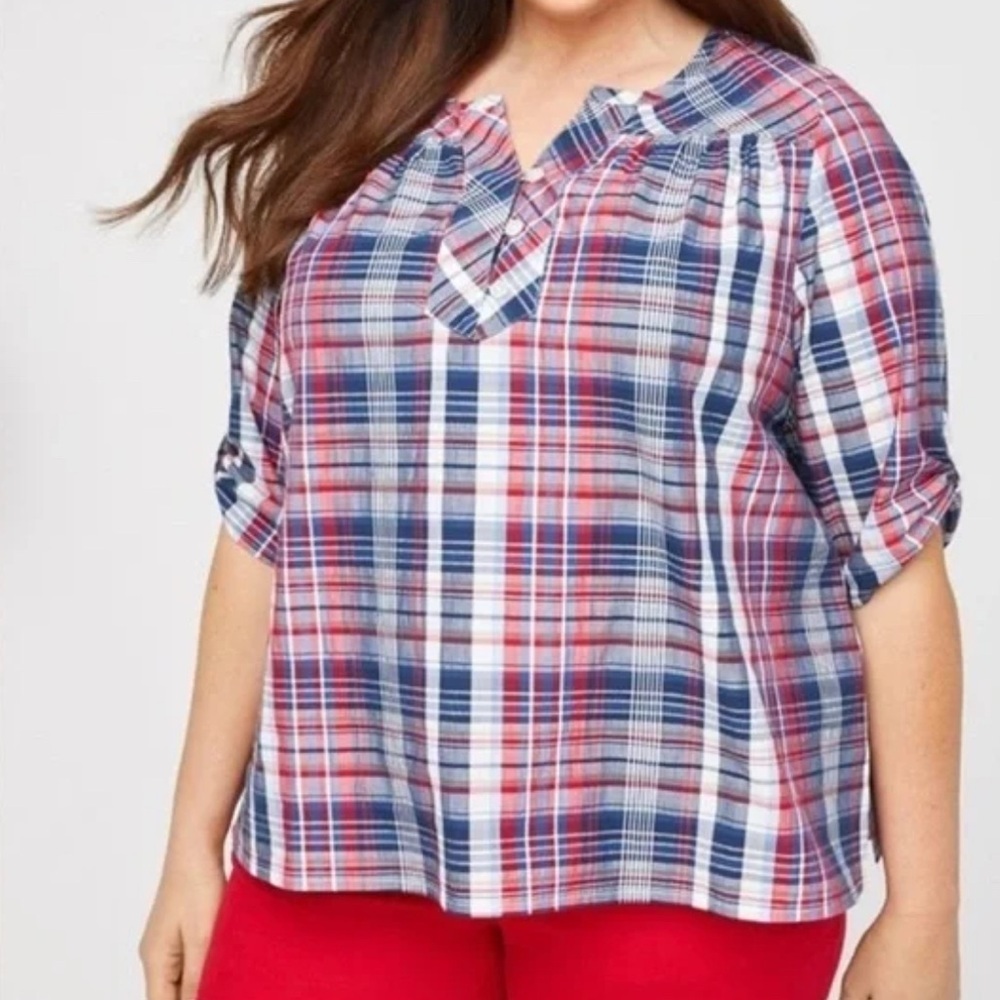Catherine’s 3X Red White Blue Mirabel Park Plaid Tunic Top Picnic Country Summer
